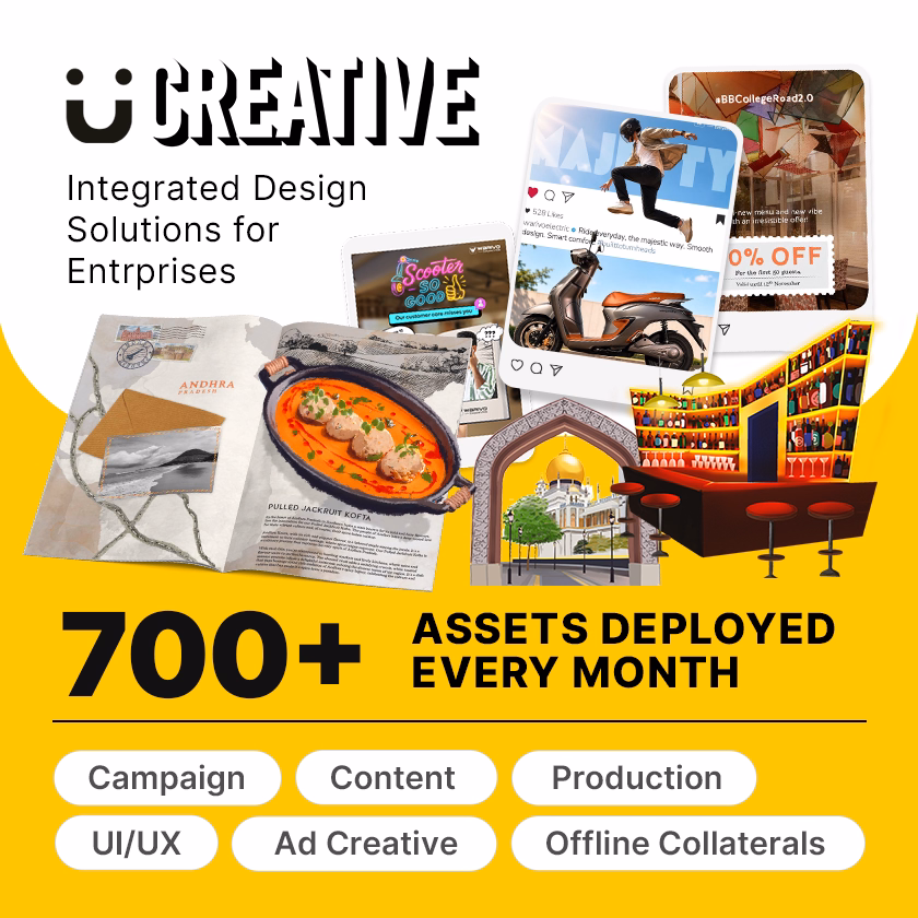 Creative logo with text 'Integrated Design Solutions for Enterprises' above images of a food dish, scooter, social media posts, a bar interior, and architecture, highlighting 700+ assets deployed every month including campaign, content, production, UI/UX, ad creative, and offline collaterals.