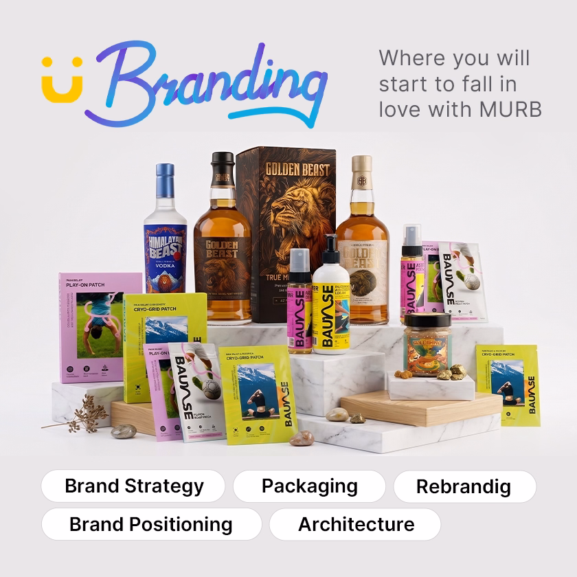 A display of branded products including bottles of Golden Beast whiskey, Himalayan Beast vodka, colorful BAUNSE patches and sprays, and other packaged goods arranged on marble and wooden blocks with text 'Branding' and 'Where you will start to fall in love with MURB,' along with brand-related terms like Brand Strategy, Packaging, Rebranding, Brand Positioning, and Architecture.