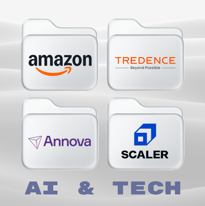 Four white folder icons with logos inside: Amazon, Tredence with tagline ‘Beyond Possible’, Annova, and Scaler, arranged in a 2x2 grid above the text ‘AI & TECH’.