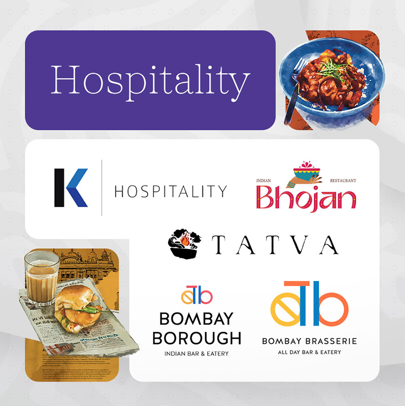 Graphic titled 'Hospitality' showing logos and names of hospitality brands including K Hospitality, Bhojan Indian Restaurant, Tatva, Bombay Borough Indian Bar & Eatery, and Bombay Brasserie All Day Bar & Eatery, with images of an Indian tea glass with sandwich on newspaper and a blue bowl of food with fork.