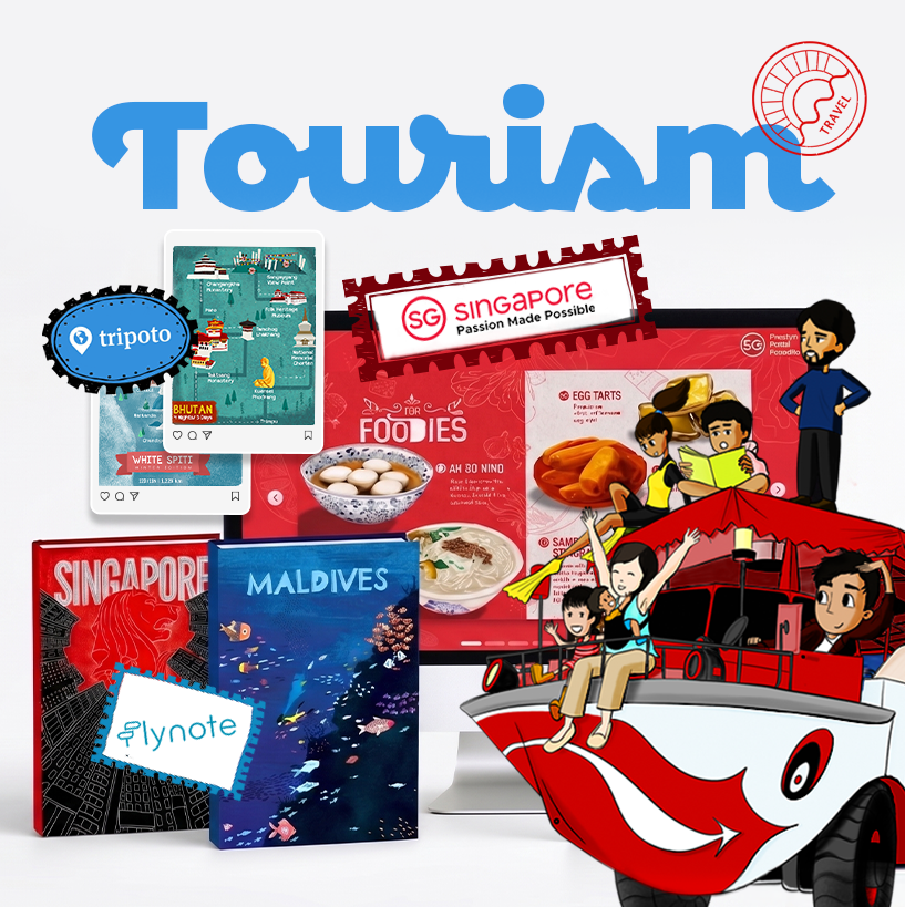 Collage with the word 'Tourism' in blue, a Singapore-themed stamp, travel app logos tripoto and flynote, illustrated guidebooks for Singapore and Maldives, and a computer screen showing Singapore food items such as egg tarts and Ah Bo Nino. Cartoon characters are riding a red and white boat with kids excitedly waving and a man standing nearby reading a map.