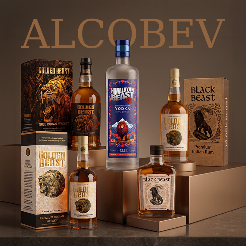 A display of alcoholic beverages under the brand name ALCOBEV, featuring bottles and boxes of Golden Beast Premium Indian Whisky with lion artwork, Himalayan Beast Vodka with mountain and beast imagery, and Black Beast Premium Indian Rum with a black panther illustration, arranged on bronze podiums against a brown background.