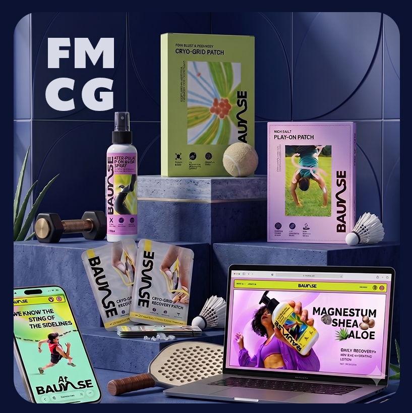 A display of Baumse sports recovery products, including Cryo-Grid Patch, Play-On Patch, Water-Pulse Spray, and Magnesium Shea Aloe lotion shown on a laptop screen, with accessories like dumbbell, padel racket, shuttlecocks, and a smartphone with Baumse website.