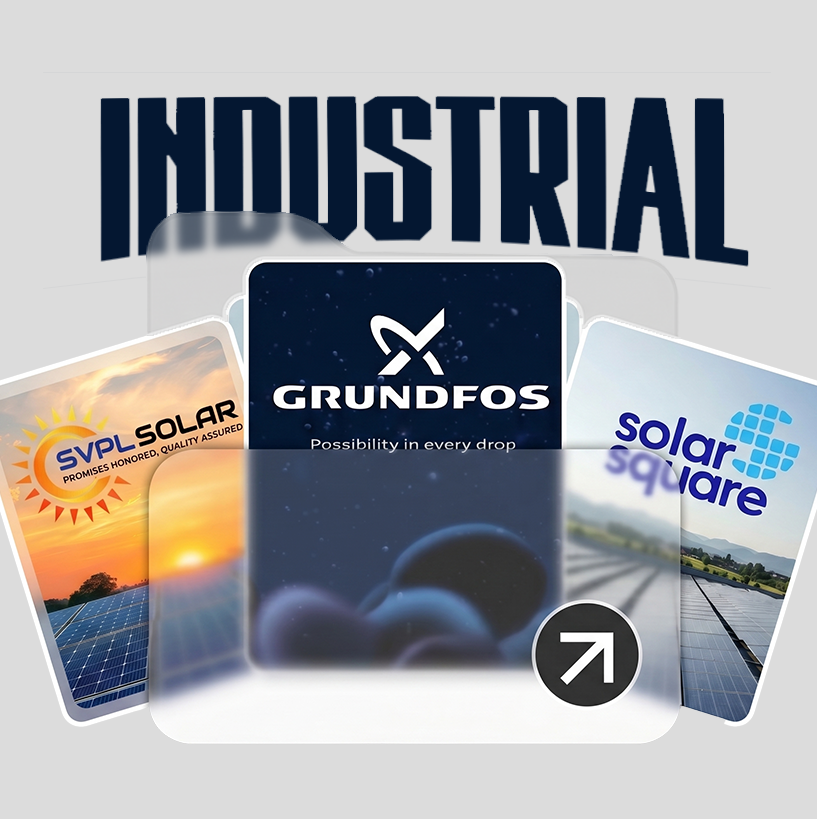 Three overlapping cards with industrial and solar company logos: Grundfos with the slogan 'Possibility in every drop' in the center, SVPL Solar with a sun icon and the text 'Promises Honored, Quality Assured' on left, and Solar Square with a grid of squares logo on right, set against a light gray background with the word INDUSTRIAL in bold dark font above.