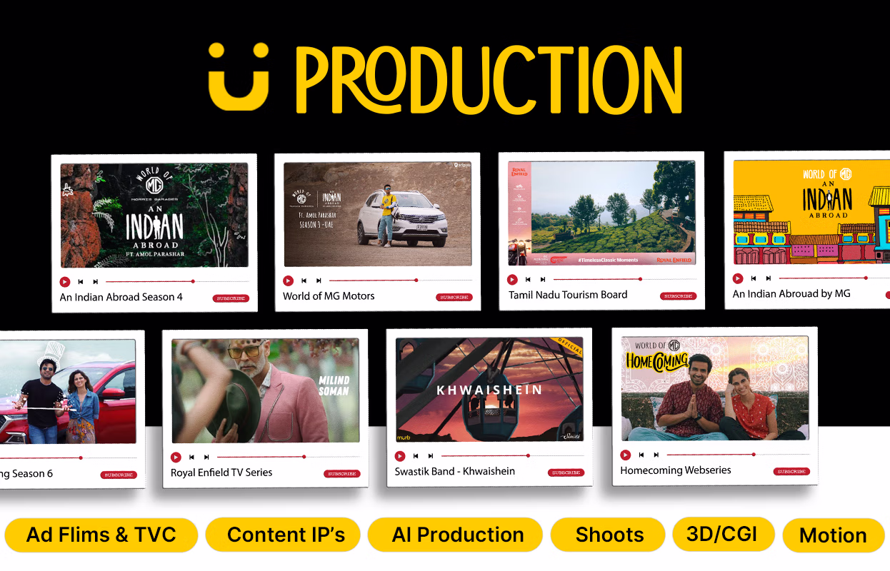 Collage of video thumbnails and titles under U Production branding, showcasing various media projects including An Indian Abroad Season 4, World of MG Motors, Tamil Nadu Tourism Board, and more, with categories Ad Films & TVC, Content IP's, AI Production, Shoots, 3D/CGI, and Motion displayed below.