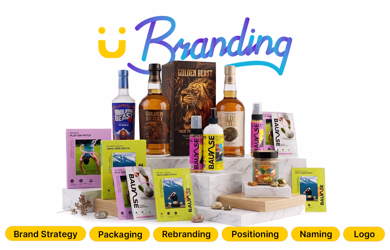 Display of various branded products including bottles of liquor with labels reading Golden Beast and Himalayan Beast, multiple packets of Baunse cryo-grid and play-on patches, and colorful bottles of Bayuse, all arranged on marble and wooden platforms under the blue and purple 'Branding' text with a yellow stylized 'U' above it, highlighting brand strategy, packaging, rebranding, positioning, naming, and logo.