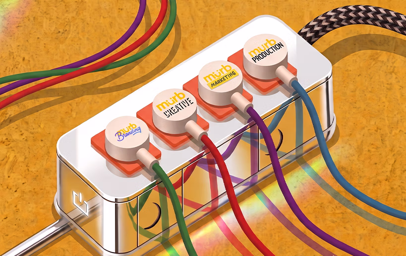 Row of four white circular plugs connected to a metallic box, each labeled with services: Branding, Creative, Marketing, and Production, with colored cables connected to each plug.