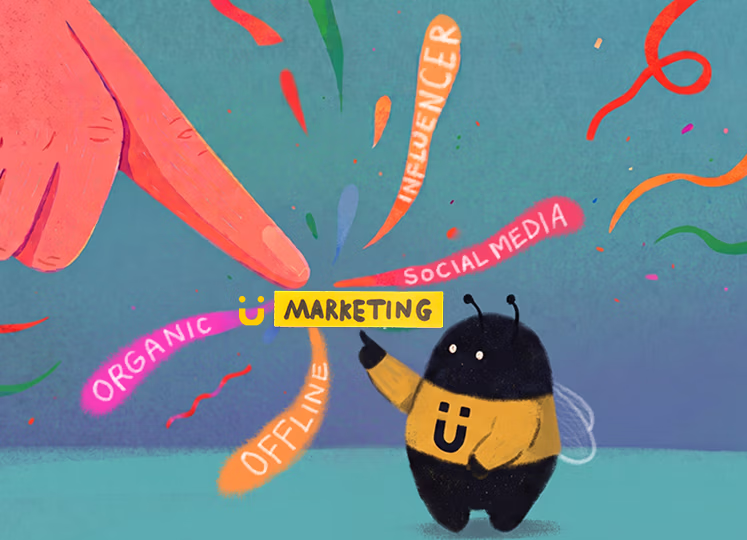 Illustration of a large finger pointing at a yellow box labeled 'MARKETING' with colorful ribbons around it labeled 'INFLUENCER,' 'SOCIAL MEDIA,' 'OFFLINE,' and 'ORGANIC,' and a small black and yellow bee character pointing at the box.