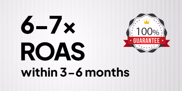 Text showing '6-7x ROAS within 3-6 months' alongside a badge with a crown and a red ribbon that says '100% GUARANTEE'.