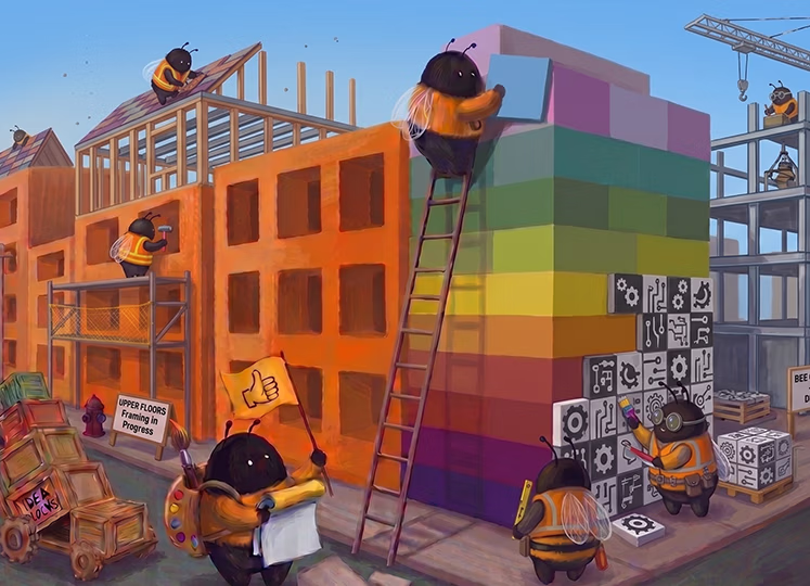 Cartoon bees wearing construction vests building a colorful block structure and orange buildings, with some bees climbing ladders, others placing blocks, and one holding a flag with a thumbs-up near a sign that says 'UPPER FLOORS Framing in Progress'.