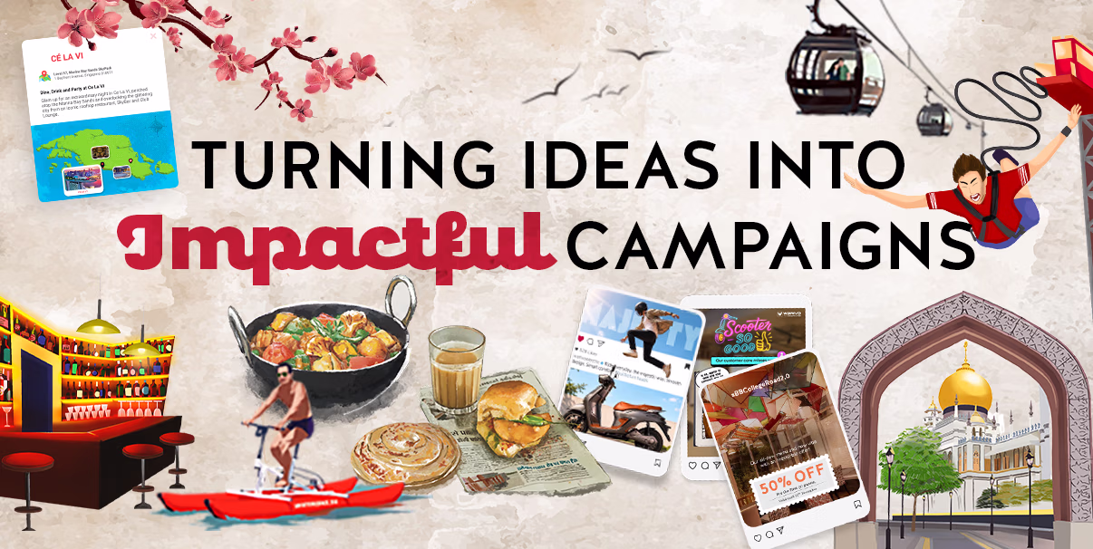 Graphic with text 'Turning ideas into impactful campaigns' surrounded by images including a ticket, cable cars, a person ziplining, a bar interior, a cyclist, Asian dishes, a cup of coffee, a sandwich on newspaper, social media posts showing a skateboarder, scooter, and a 50% off offer, and a mosque framed by an archway.