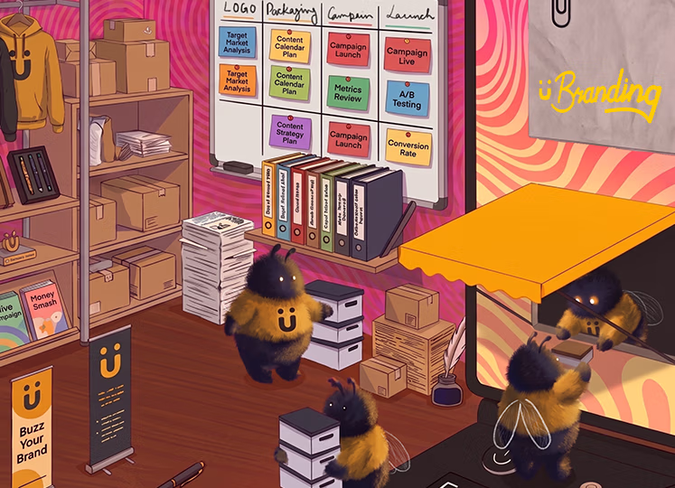 Illustration of a busy office scene featuring anthropomorphic bees wearing yellow shirts with the letter 'ü'; bees are interacting around stacked boxes and paperwork in front of shelves with packages and binders, next to a whiteboard listing marketing tasks like Target Market Analysis, Content Calendar Plan, Campaign Launch, Metrics Review, A/B Testing, and Conversion Rate. A counter with a yellow awning displays a bee handing something to another bee inside. The background has orange and pink wavy patterns with a sign reading 'üBranding.'