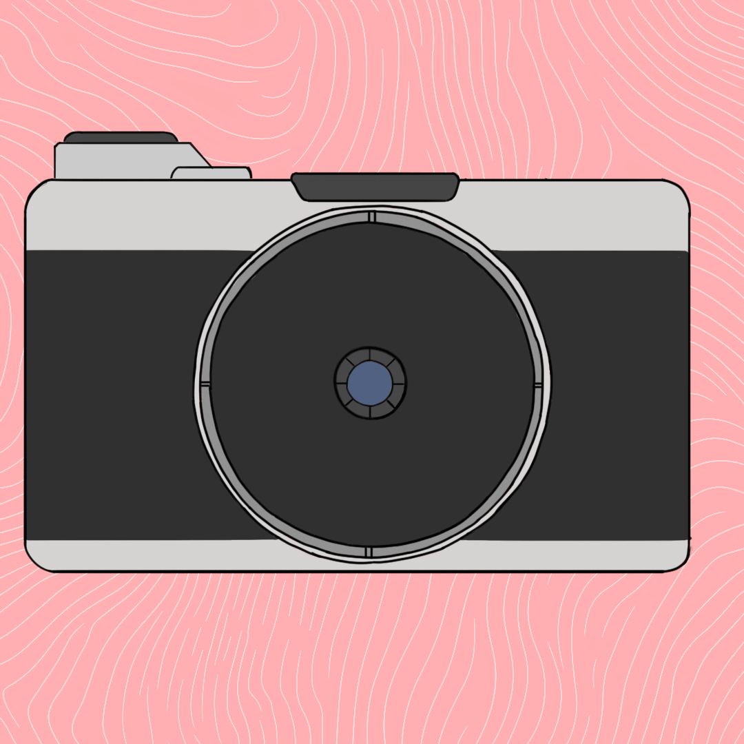 Illustration of a vintage camera with a large lens on a pink background featuring light wavy line patterns.