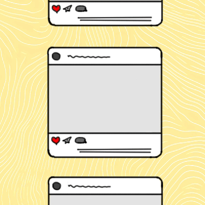 Animated social media post templates with heart, paper airplane, and chat bubble icons on a yellow background with white contour lines.