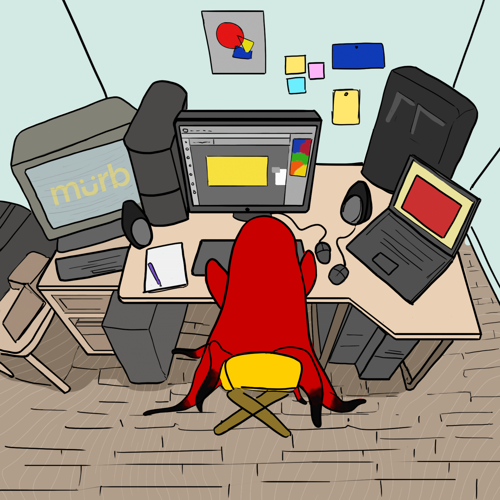 Illustration of a red octopus sitting on a yellow stool at a computer desk with three screens, two computer mice, a notebook with a pen, and colorful sticky notes on the wall.