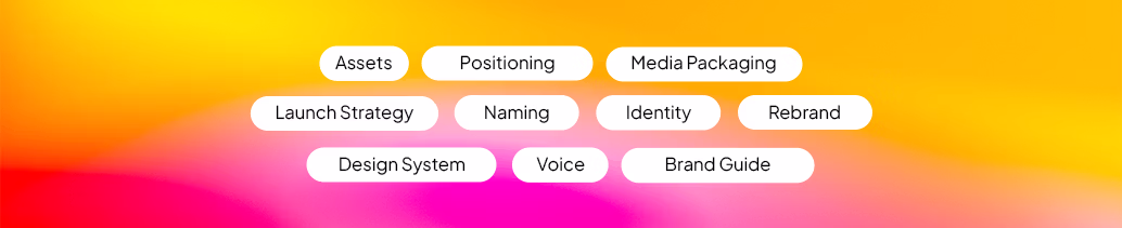 Colorful gradient background with white rounded rectangles containing branding-related terms including Assets, Positioning, Media Packaging, Launch Strategy, Naming, Identity, Rebrand, Design System, Voice, and Brand Guide.