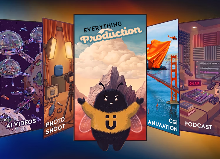Illustration featuring five vertical panels representing creative content types: AI Videos with futuristic robotic elements, Photo Shoot with camera and lighting gear in a studio, Everything Production with a cute black fuzzy character in front of mountains and clouds, CGI Animation showing a bridge and a helicopter, and Podcast with a recording setup including microphone, headphones, and soundboard.