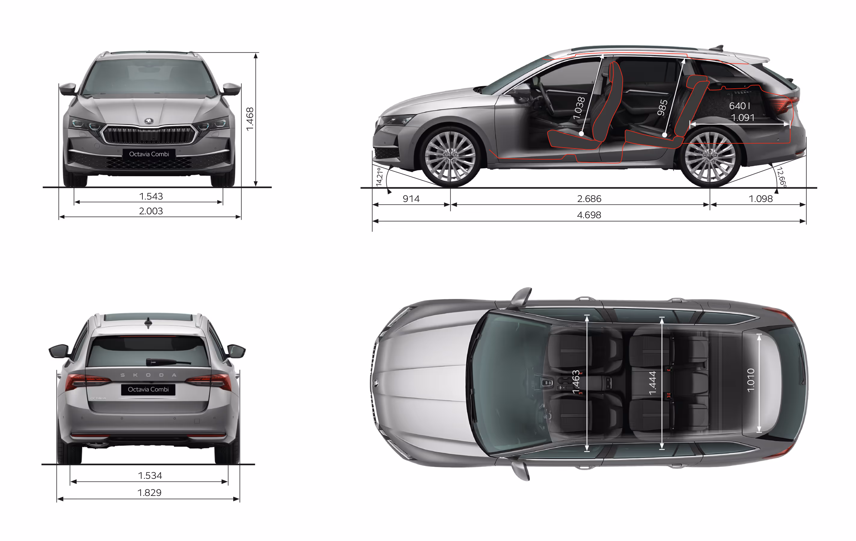 Grafische Darstellung eines Škoda Octavia Combi 30 Jahre aus viererlei Perspektiven: Front-, Heck und Seitenansicht sowie Vogelperspektive. Die Abmessungen des Fahrzeugs werden in den verschiedenen Abbildungen dargestellt.
