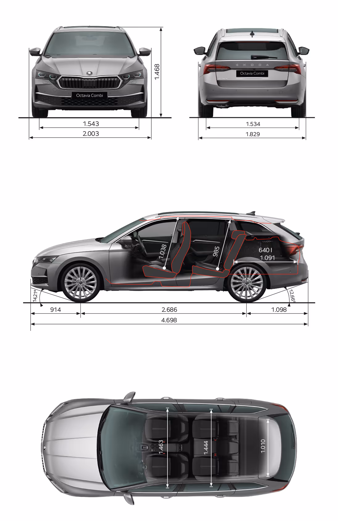 Grafische Darstellung des Škoda Enyaq Coupé in der Farbe Moon-Weiß Perleffekt aus viererlei Perspektiven: Front-, Heck und Seitenansicht sowie Vogelperspektive. Die Abmessungen des Fahrzeugs werden in den verschiedenen Abbildungen dargestellt.