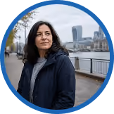 Frau in dunkler Jacke spaziert an der Themse entlang, im Hintergrund Londoner Skyline mit Wolkenkratzern.