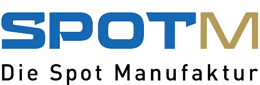 Logo von SPOTM, blauer und goldener Schriftzug mit dem Slogan „Die Spot Manufaktur“ darunter.
