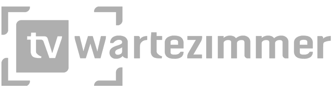 Graues Logo von TV Wartezimmer mit stilisiertem TV-Bildschirm.