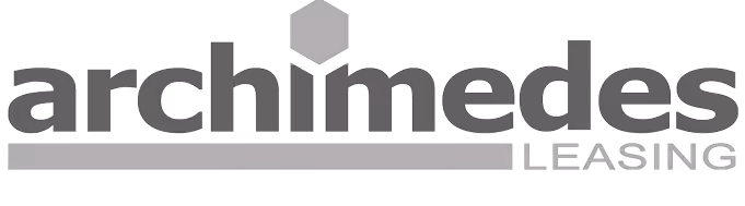 Archimedes Leasing Logo mit grauer Schrift und sechseckigem Symbol darüber.
