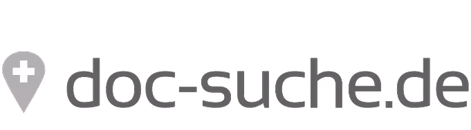 Logo von doc-suche.de mit grauem Schriftzug und weißem Kreuz in einem Positionsmarker.