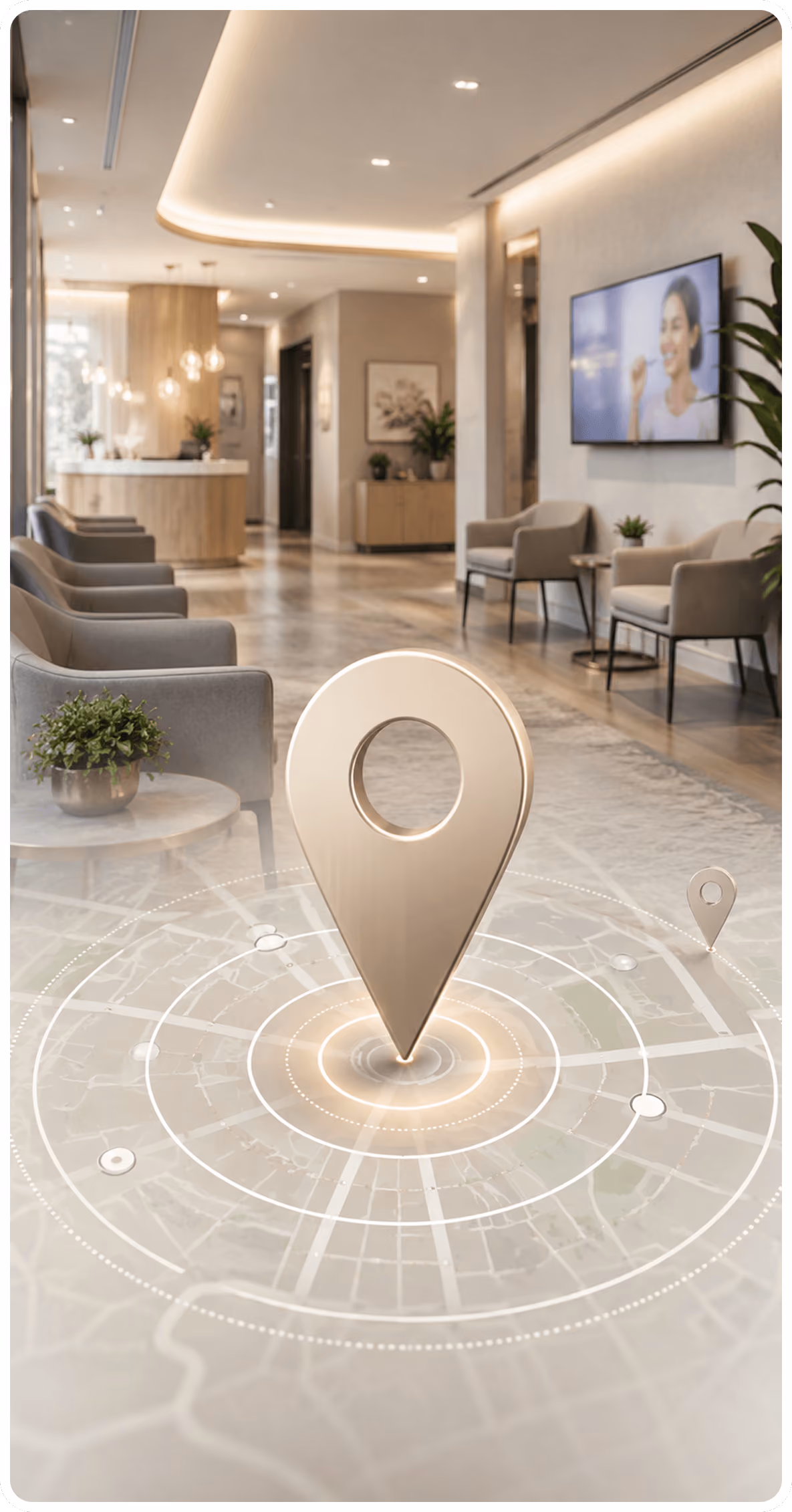 Moderner Empfangsbereich mit grauen Sesseln, digitaler Karte und großem goldenen Standort-Pin im Vordergrund.