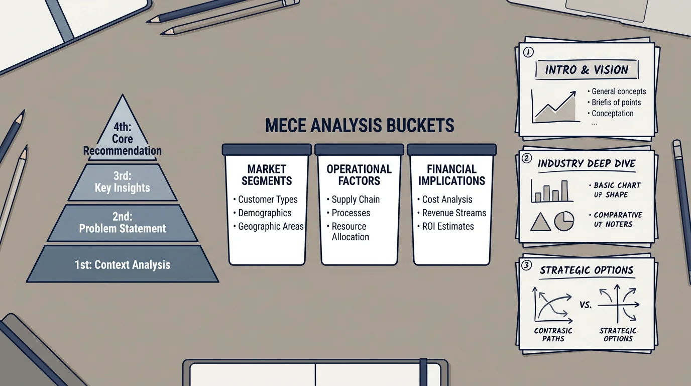 A flat-lay showing a pyramid diagram, MECE buckets, and slide storyboard sketches