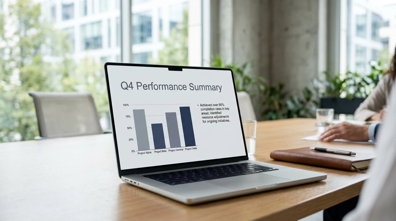 A minimalist consulting-style slide with a single chart on a laptop in a meeting room