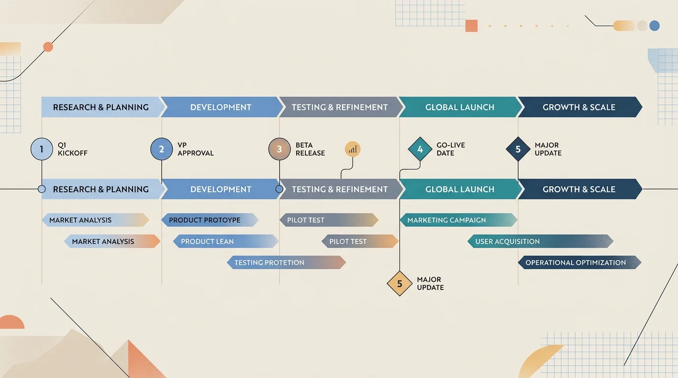 Business roadmap template showing phases and milestones on a timeline