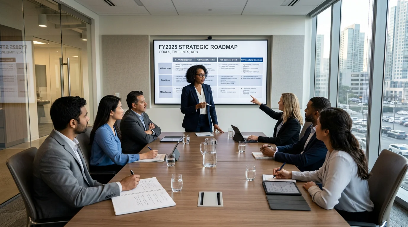 Business team reviewing a strategic roadmap in a boardroom