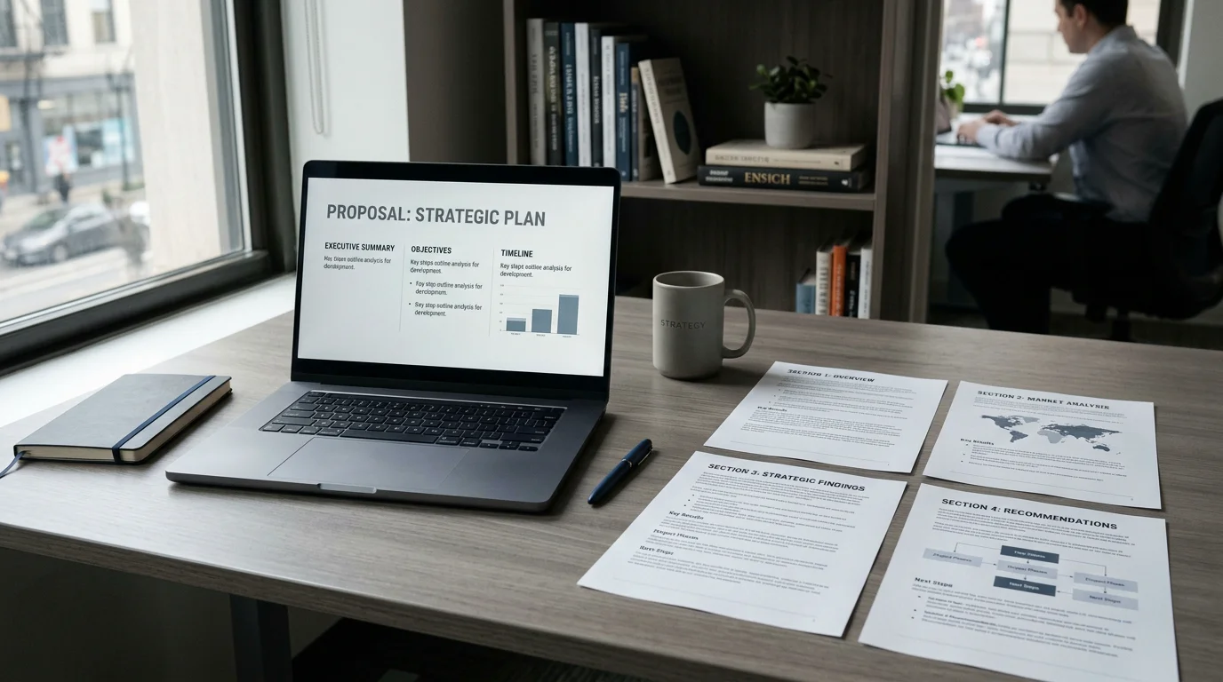 A structured pitch proposal laid out across a laptop screen and printed pages on a desk