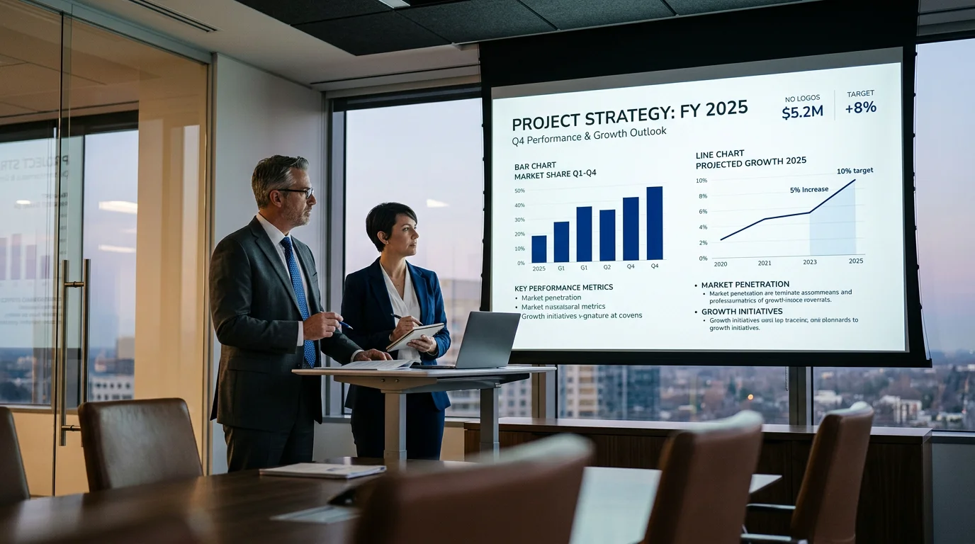 Two professionals reviewing a board-ready pitch proposal on a boardroom screen