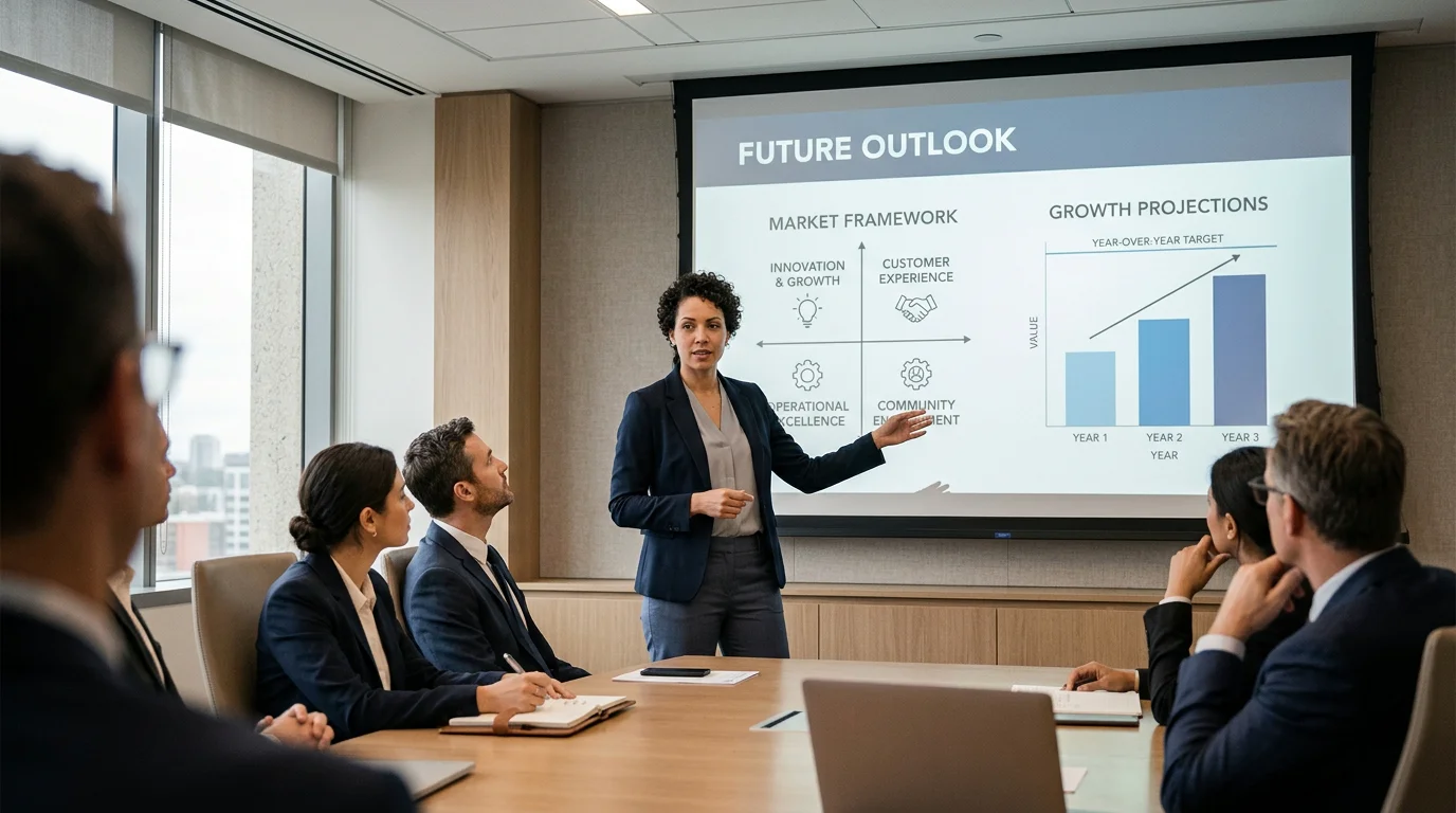 Presenter showing a clear visual strategy slide to a boardroom