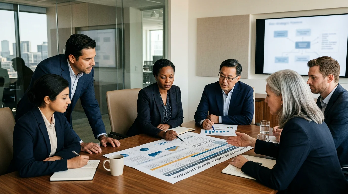 A leadership team reviewing a structured strategic plan document in a boardroom