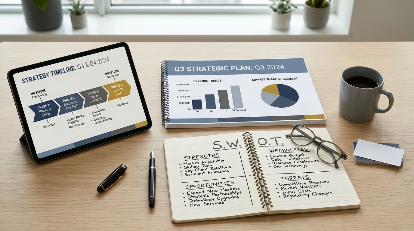 Strategic planning materials including a slide deck, SWOT sketch, and timeline arranged on a desk
