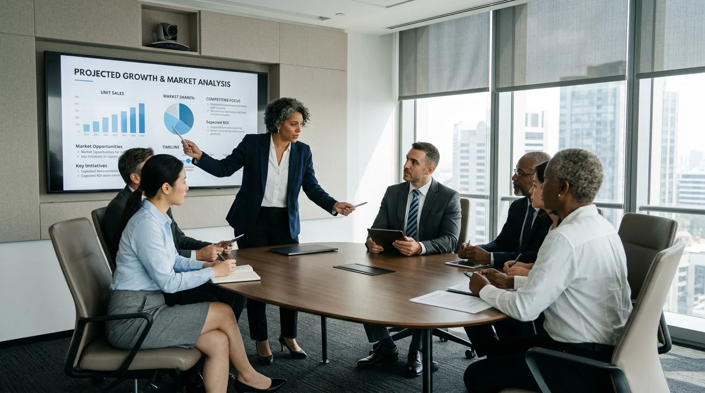 Executives reviewing a strategy slide derived from a value proposition canvas in a boardroom