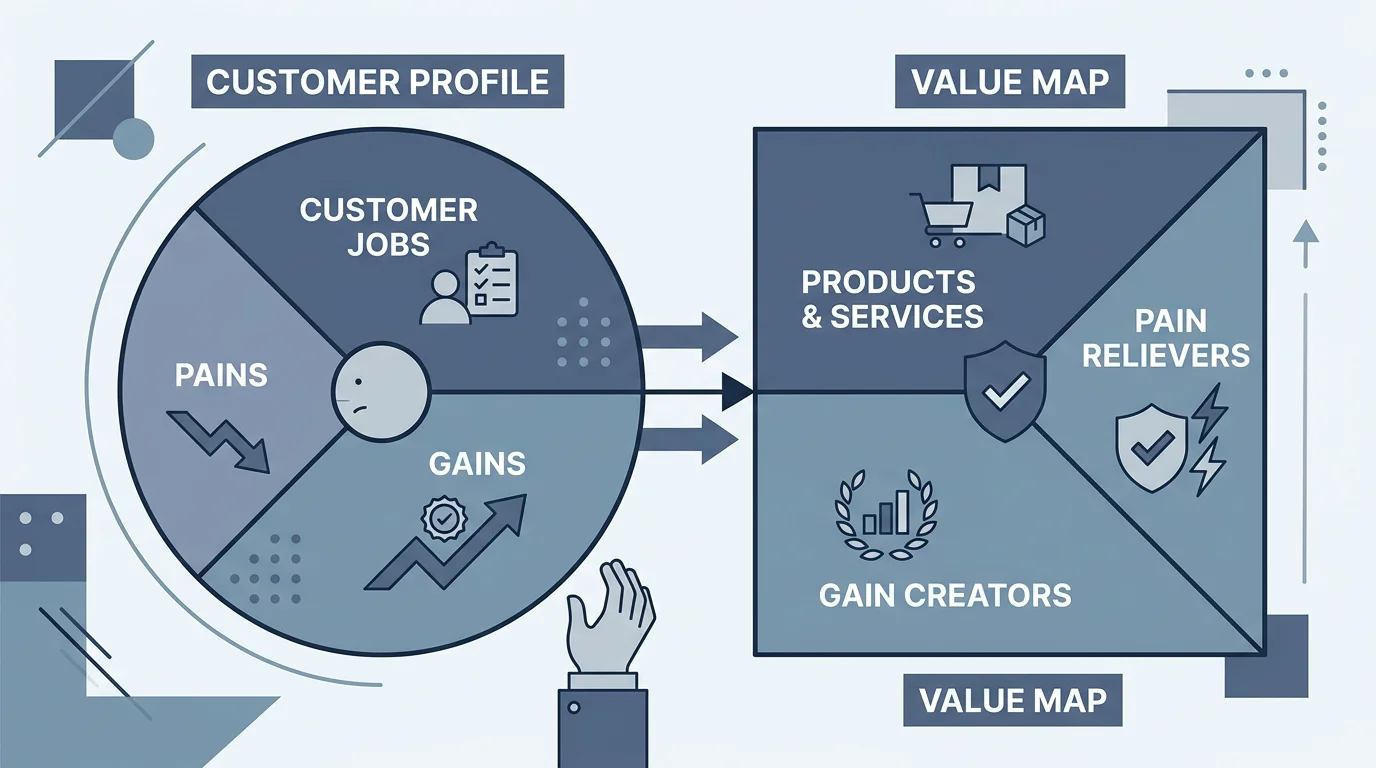 Two-sided value proposition canvas diagram showing customer profile and value map