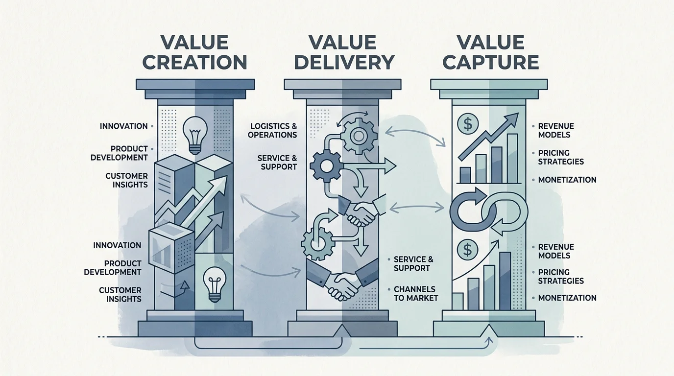 Diagram showing the three pillars of a business model: value creation, delivery, and capture
