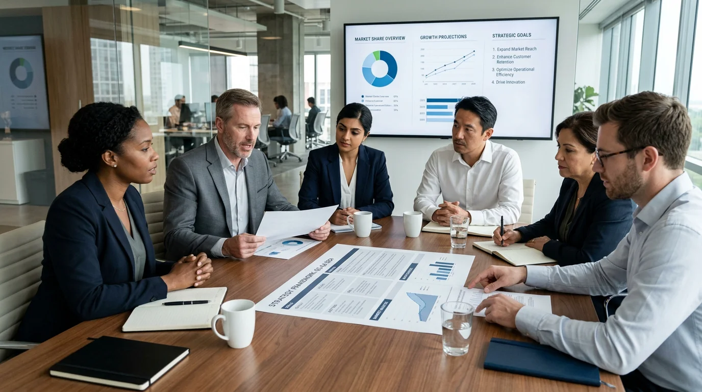Executives reviewing business model frameworks in a strategy meeting