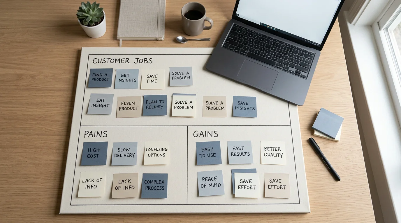 Overhead view of a value proposition canvas with sticky notes mapping customer jobs, pains and gains