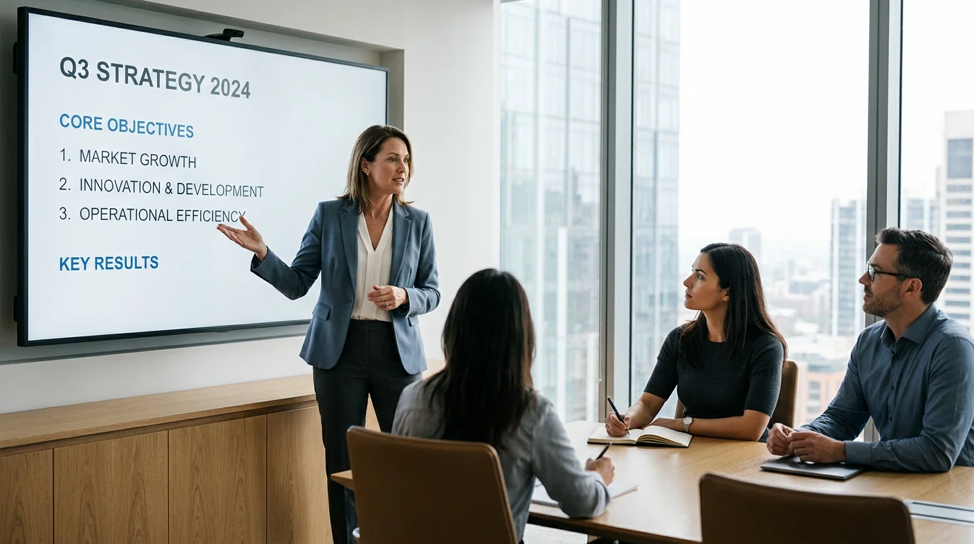 A leader presenting a strategy slide to attentive colleagues in a modern boardroom