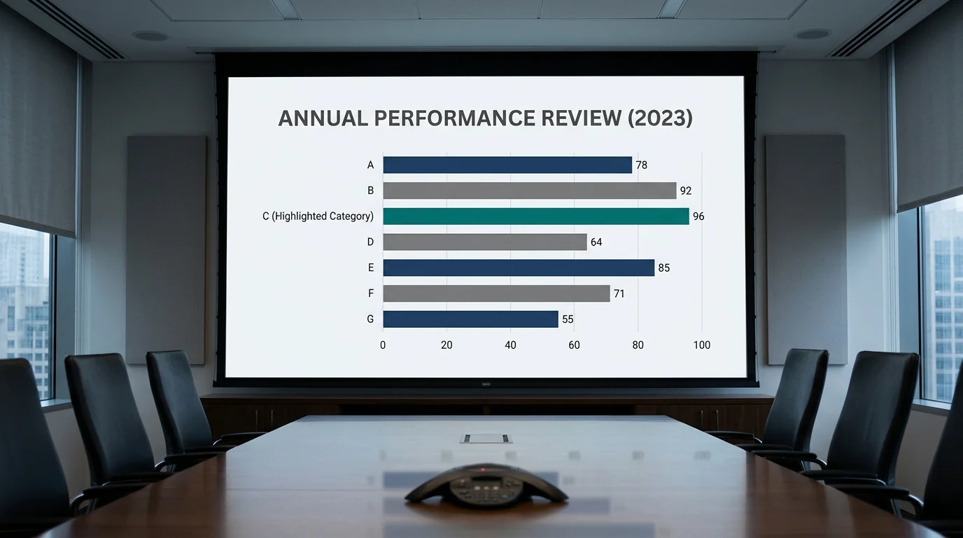 Minimalist full-slide bar chart with one highlighted bar in a boardroom