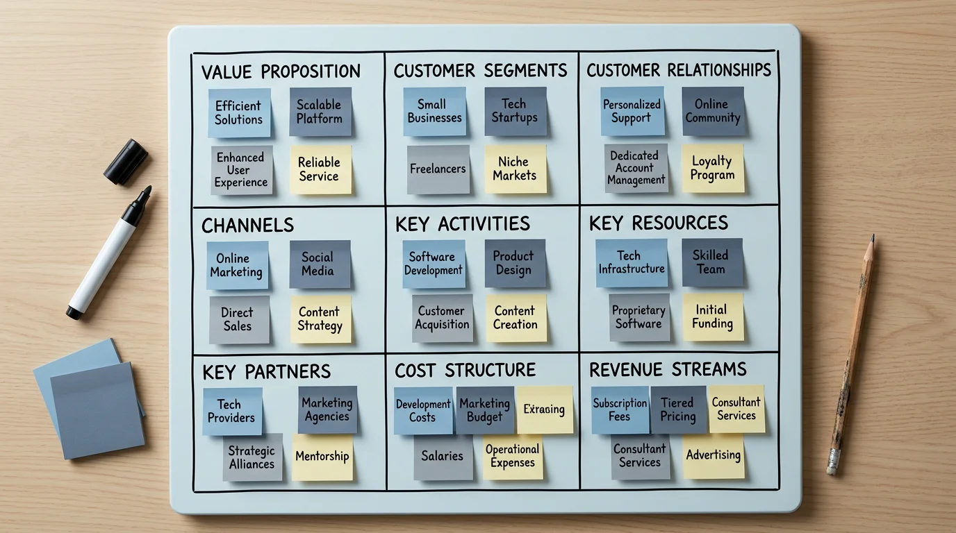 A nine-cell startup business canvas grid sketched on a whiteboard with sticky notes