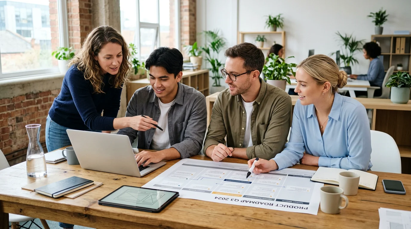 A startup team collaborating around a printed canvas and laptop