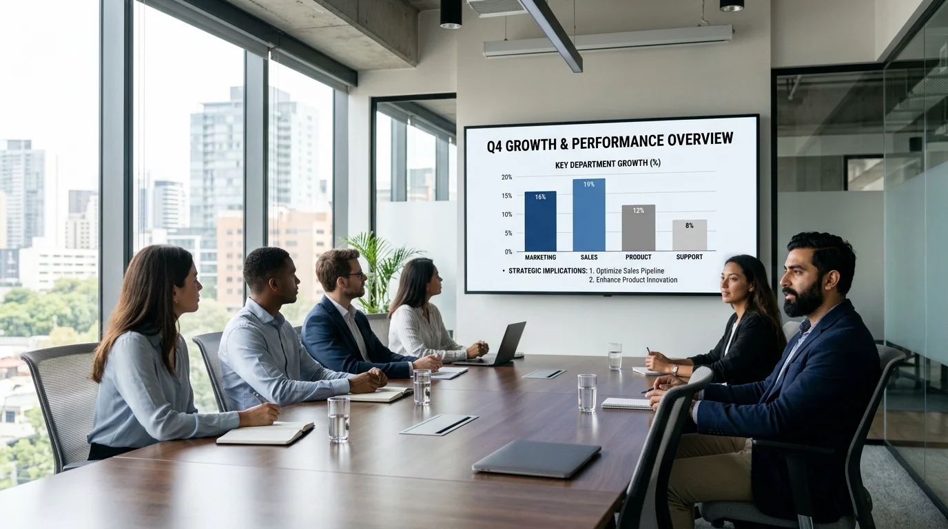 Minimalist strategy slide shown on a boardroom screen