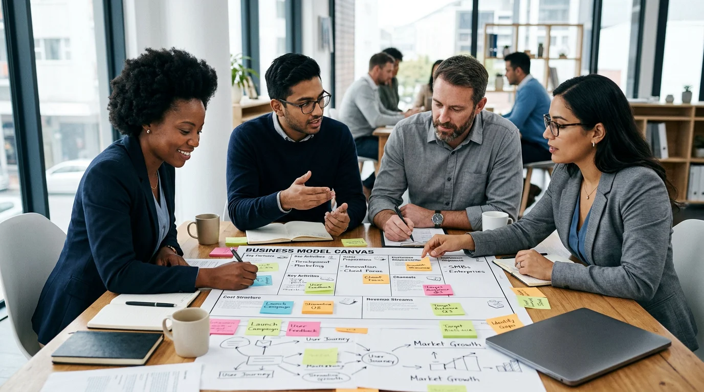 A team testing business model assumptions with a canvas and sticky notes