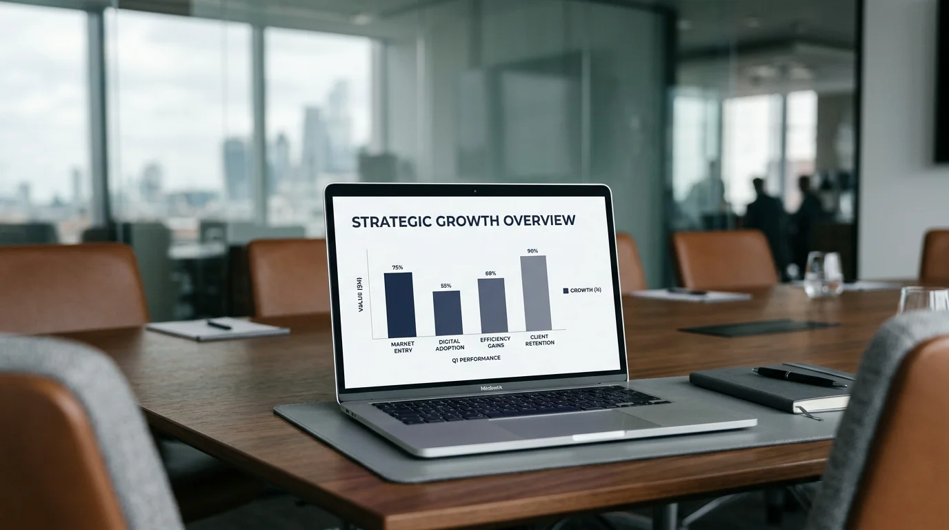 Minimalist consulting slide displayed on a laptop in a bright boardroom